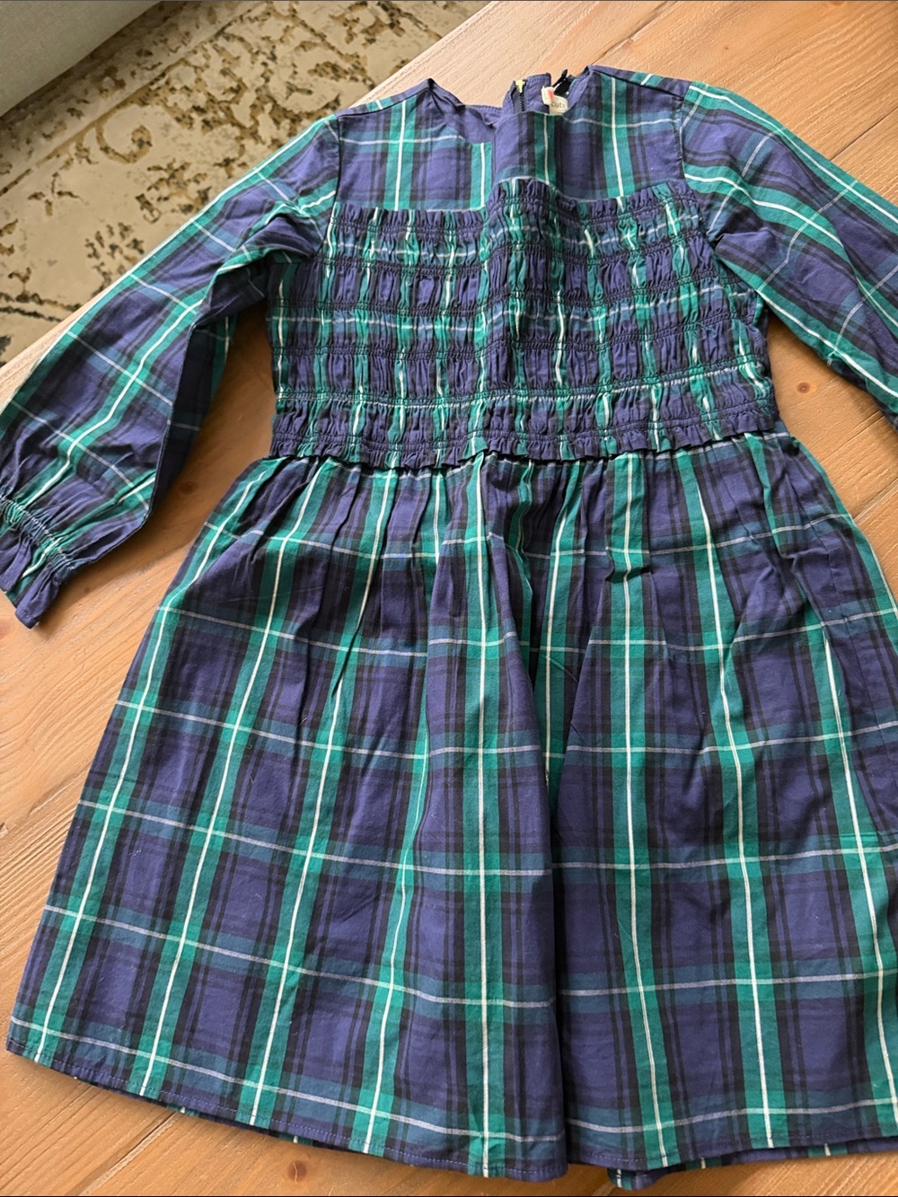Jcrew Plaid Long-Sleeve Smocked Waist Dress in Navy & Green